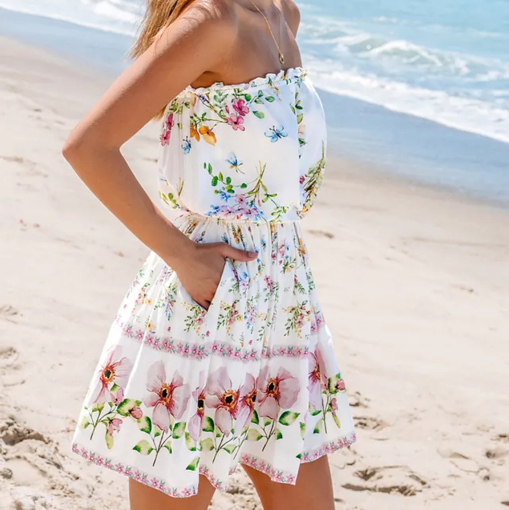 Cupshe Floral Strapless Tube Beach Dress pockets spring summer stretchy